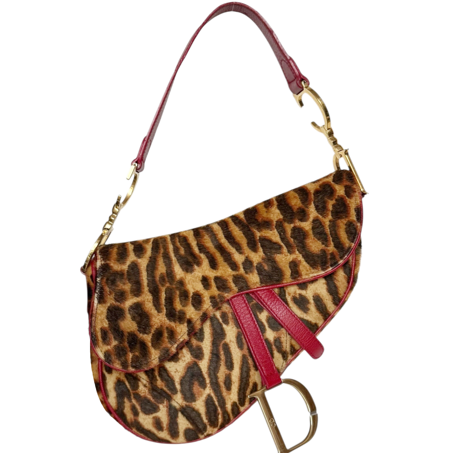 Vintage Dior Leopard Print Calfskin Saddle Bag in Brown / Red / Gold | NITRYL