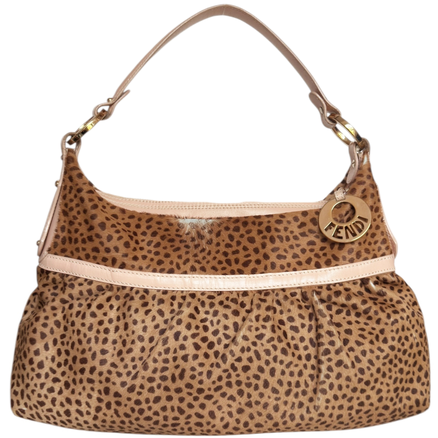 Vintage Fendi Leopard Print Calfskin Chef Shoulder Bag in Brown / Baby Pink / Gold | NITRYL