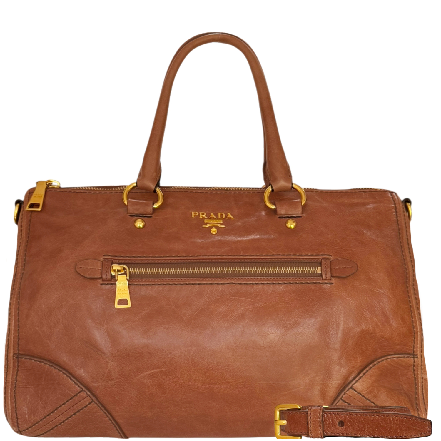 Vintage Prada Logo 2 Way Leather Shoulder Bag in Tan Brown / Gold | NITRYL