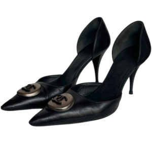 Vintage Chanel Logo Leather Heels in Black / Bronze UK 3 | NITRYL