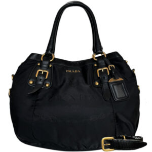 Vintage Prada Logo 2 Way Slouchy Hobo Shoulder Bag in Black / Gold | NITRYL