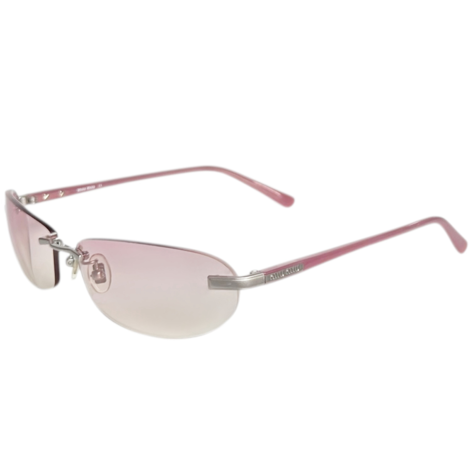 Vintage Miu Miu Logo Rimless Oval Sunglasses in Baby Pink / Silver | NITRYL