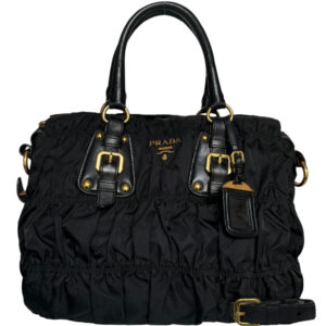 Vintage Prada Nylon Ruched 2 - Way Hobo Shoulder Bag in Black / Gold | NITRYL