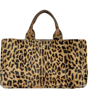 Vintage Prada Leopard Print Calfskin Canapa Tote Bag in Beige / Brown | NITRYL