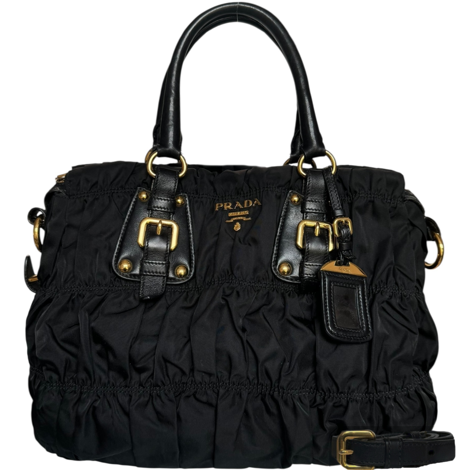 Vintage Prada Nylon Ruched 2 - Way Hobo Shoulder Bag in Black / Gold | NITRYL