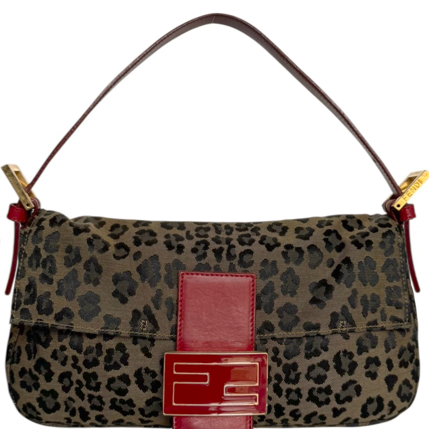 Vintage Fendi Leopard Print Shoulder Baguette Bag in Brown / Red | NITRYL