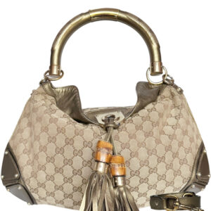 Vintage Gucci Indy Tassel Monogram Shoulder Bag in Beige / Gold | NITRYL