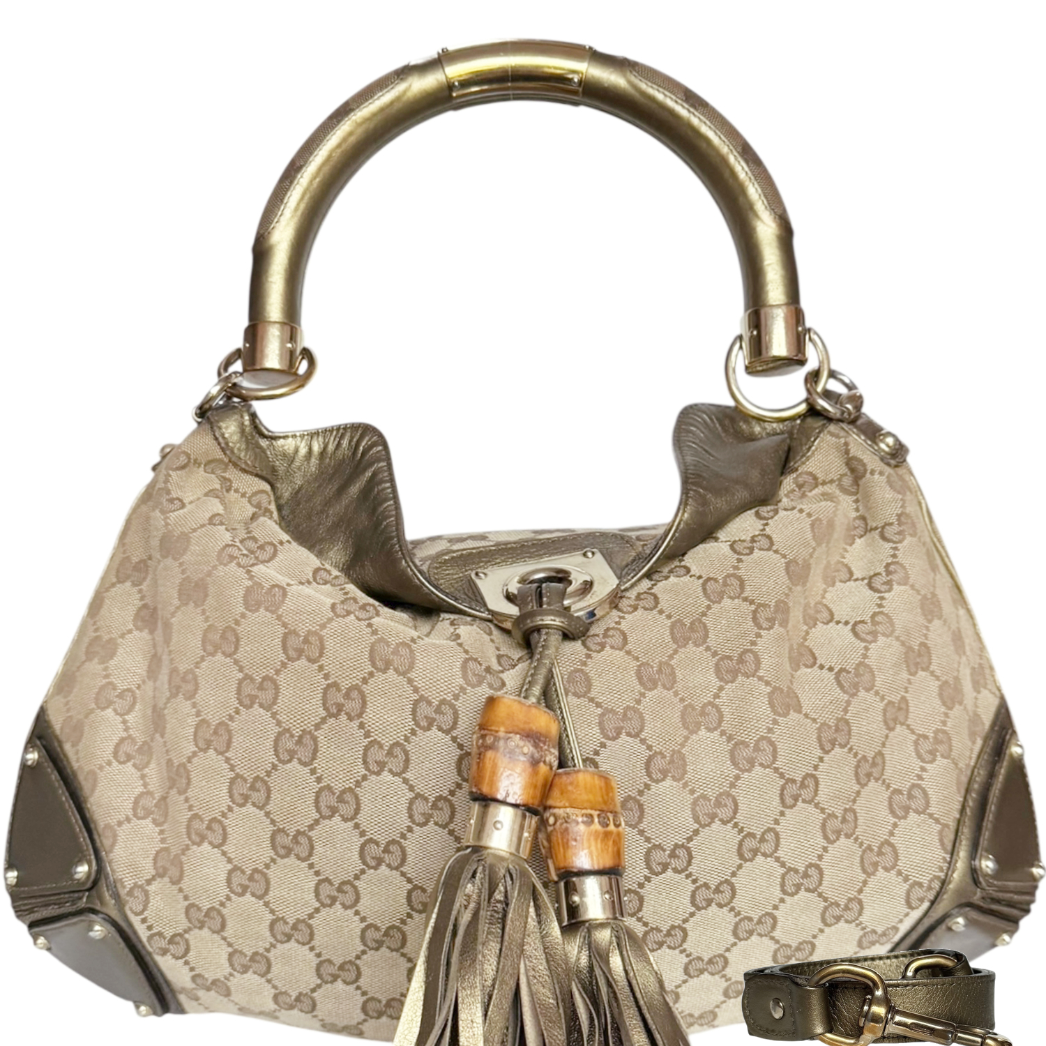 Vintage Gucci Indy Tassel Monogram Shoulder Bag in Beige / Gold | NITRYL