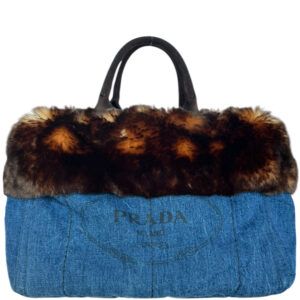 Vintage Prada Fur Trim Denim Canapa Tote Bag in Blue / Brown | NITRYL