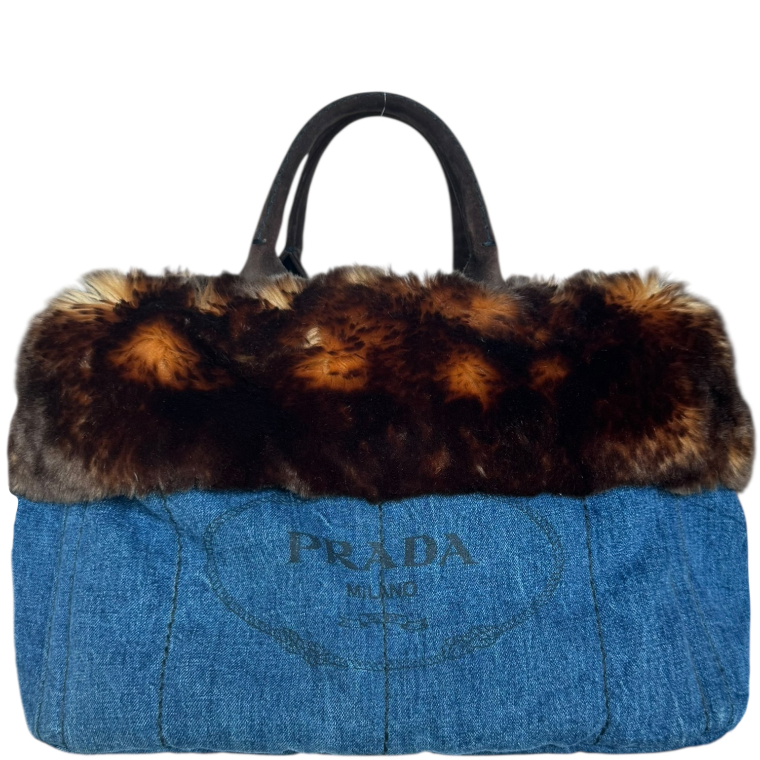 Vintage Prada Fur Trim Denim Canapa Tote Bag in Blue / Brown | NITRYL