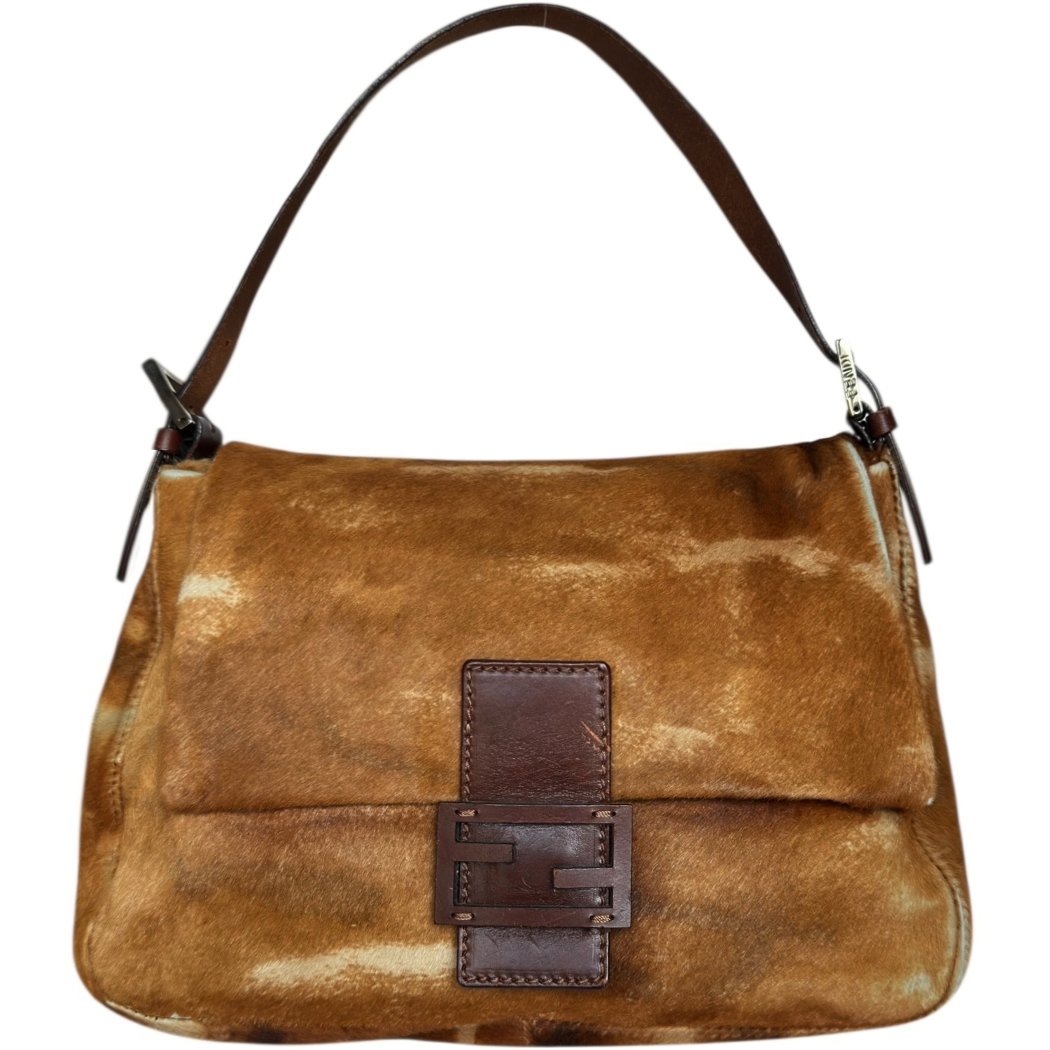 Vintage Fendi Mottled Calfskin Mamma Shoulder Baguette Bag in Brown / Silver | NITRYL
