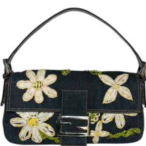 Vintage Fendi Daisy Flower Denim Shoulder Baguette Bag in Blue / Silver | NITRYL