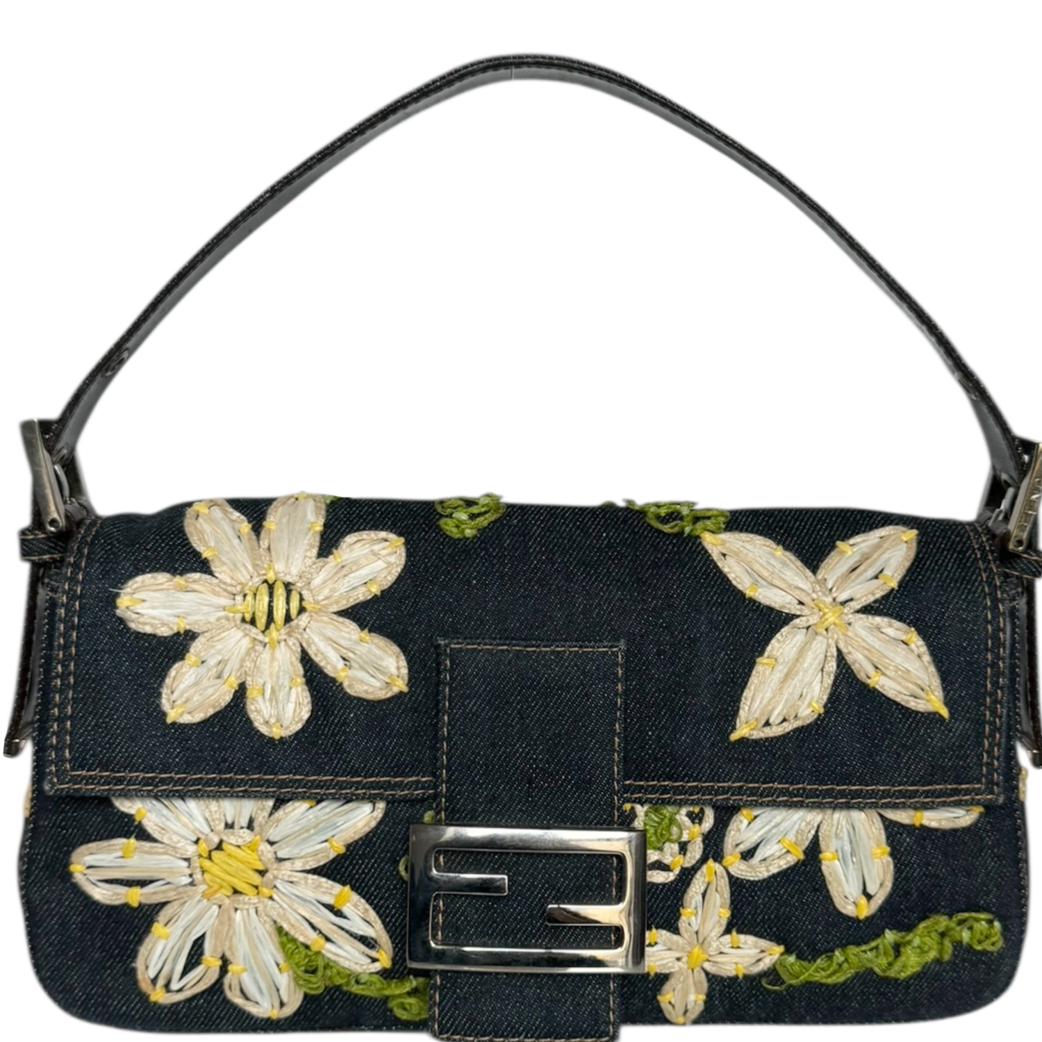 Vintage Fendi Daisy Flower Denim Shoulder Baguette Bag in Blue / Silver | NITRYL