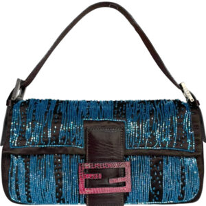 Vintage Fendi Beaded Satin Shoulder Baguette Bag in Brown / Blue with Exotic Leather Detailing | NITRYL