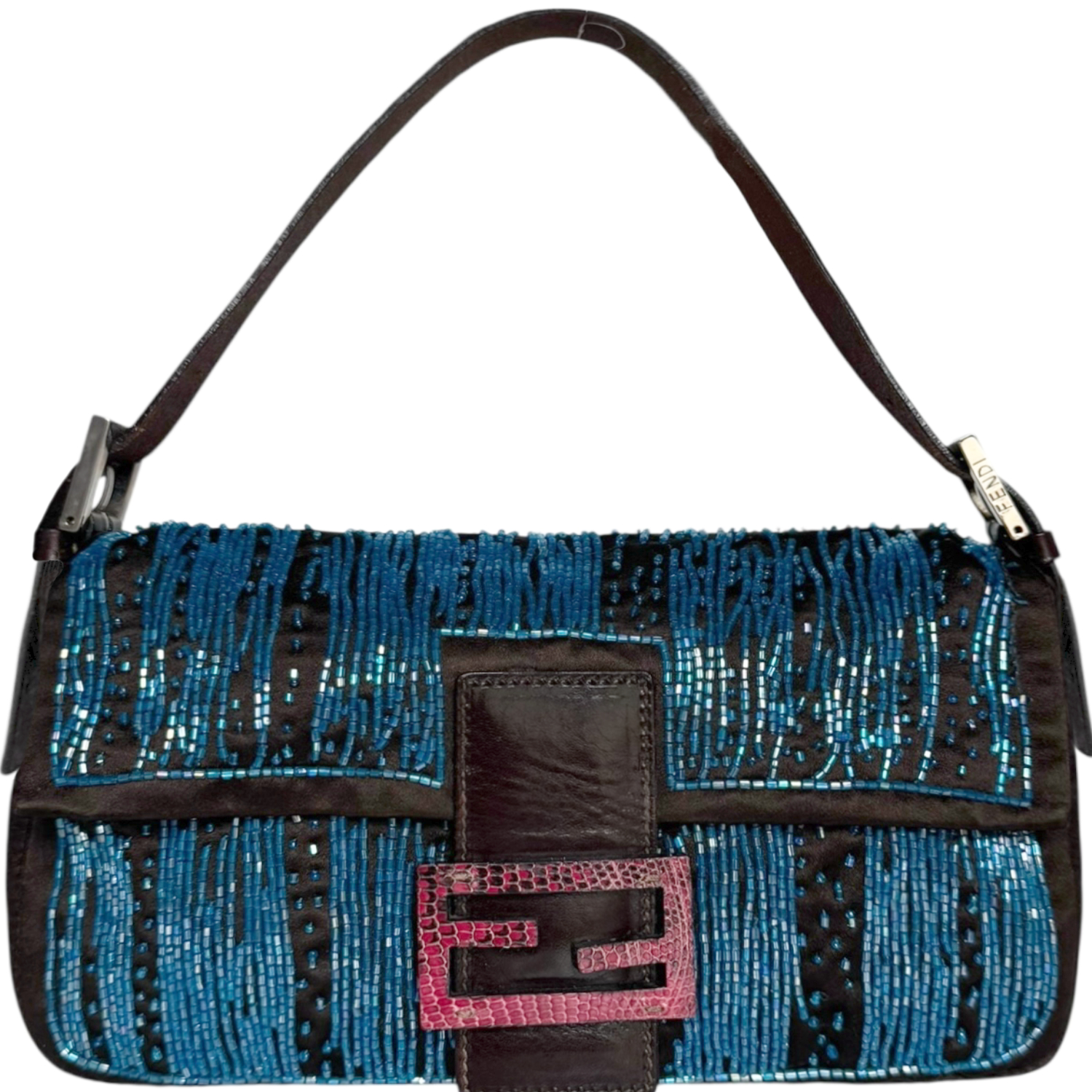 Vintage Fendi Beaded Satin Shoulder Baguette Bag in Brown / Blue with Exotic Leather Detailing | NITRYL