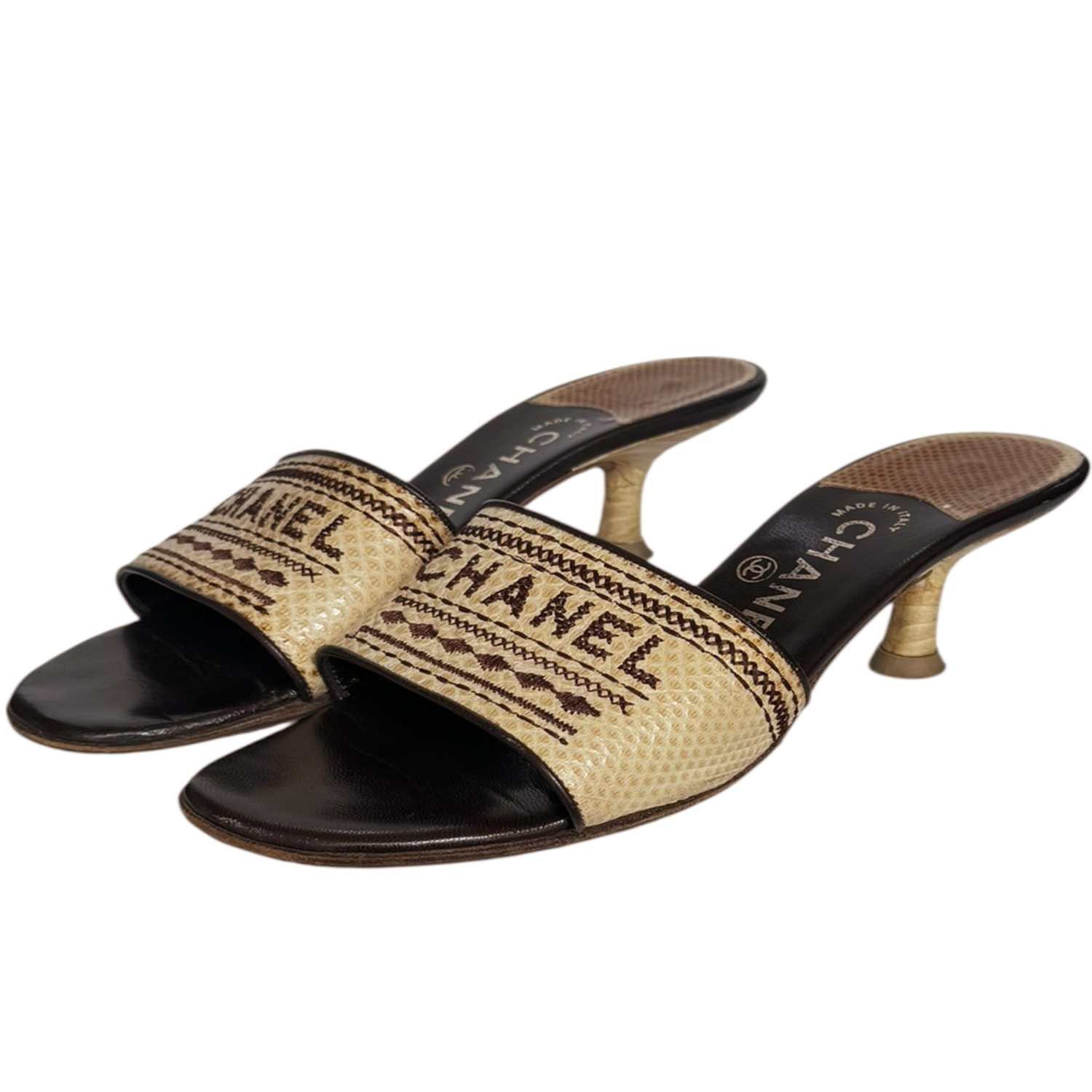 Vintage Chanel Logo Exotic Heels in Beige / Brown UK 4 | NITRYL