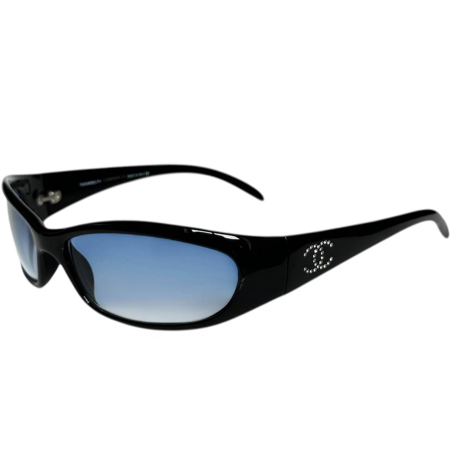 Vintage Chanel Diamante Logo Wraparound Sunglasses in Black / Blue | NITRYL