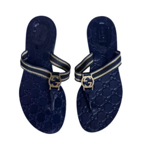 Vintage Gucci Logo Thong Flip Flop Sandals in Navy / Gold UK 4 | NITRYL