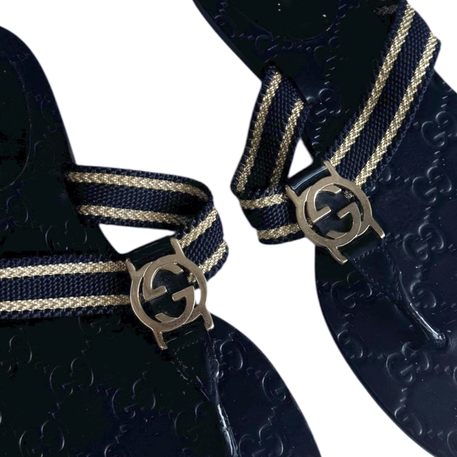 Gucci Logo Thong Flip Flop Sandals in Navy / Gold UK 4 - Image 2