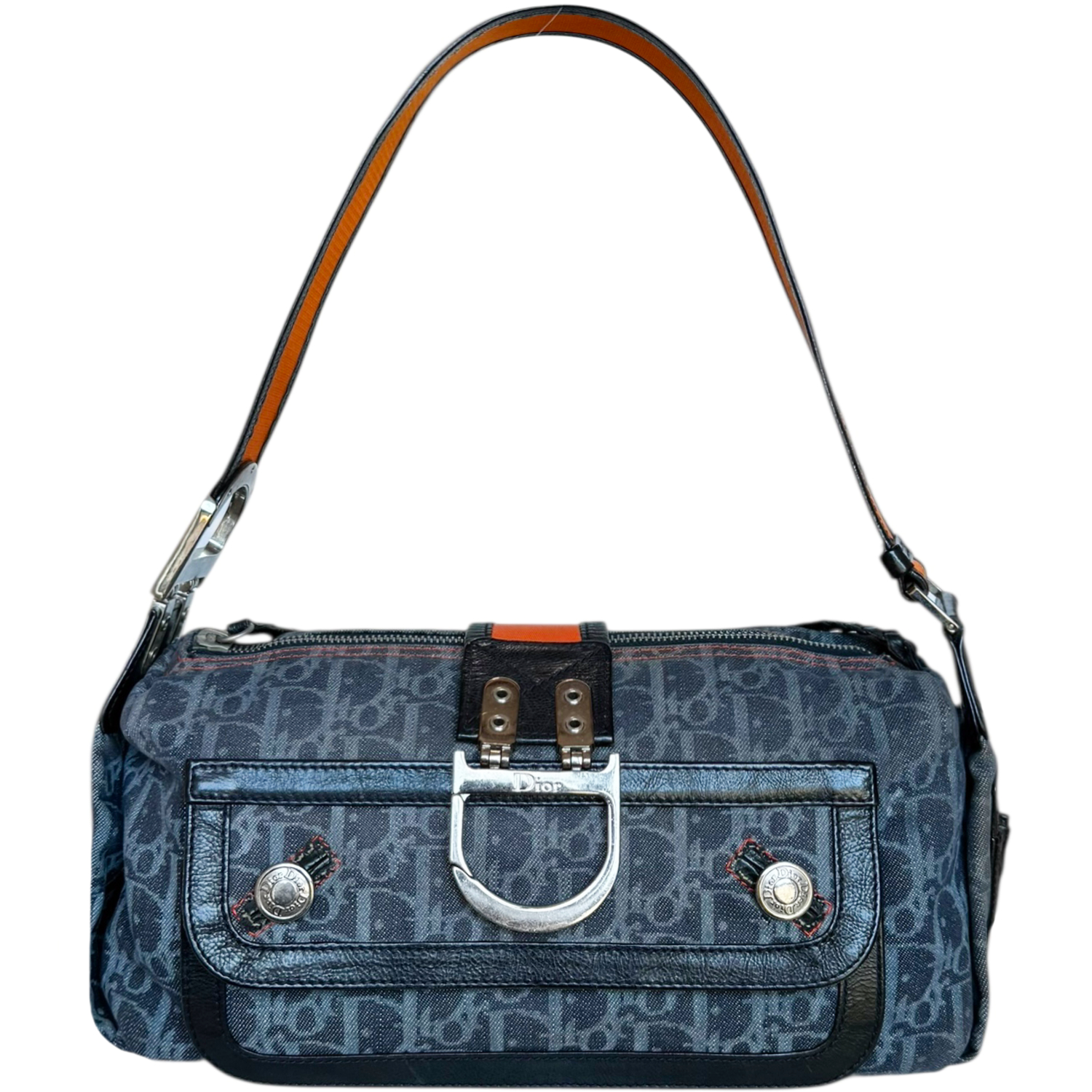 Vintage Dior Monogram Denim Flight Shoulder Bag in Blue / Orange / Silver | NITRYL