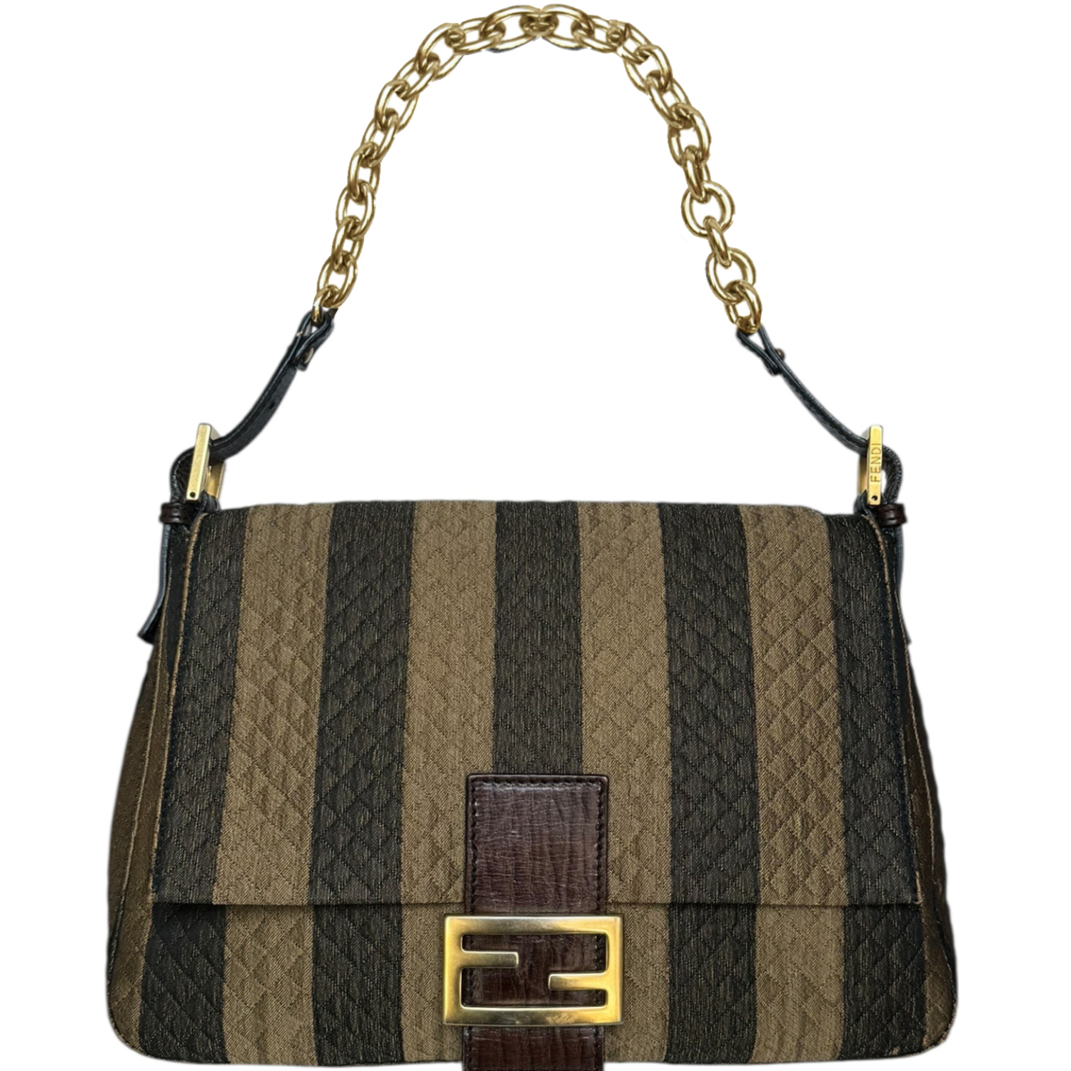Vintage Fendi Stripe Quilted Chain Mamma Shoulder Baguette Bag in Brown / Gold | NITRYL