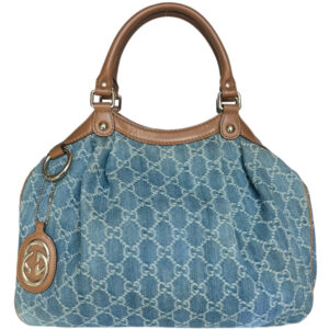 Vintage Gucci Monogram Denim Sukey Hobo Shoulder Bag in Blue / Brown / Gold | NITRYL