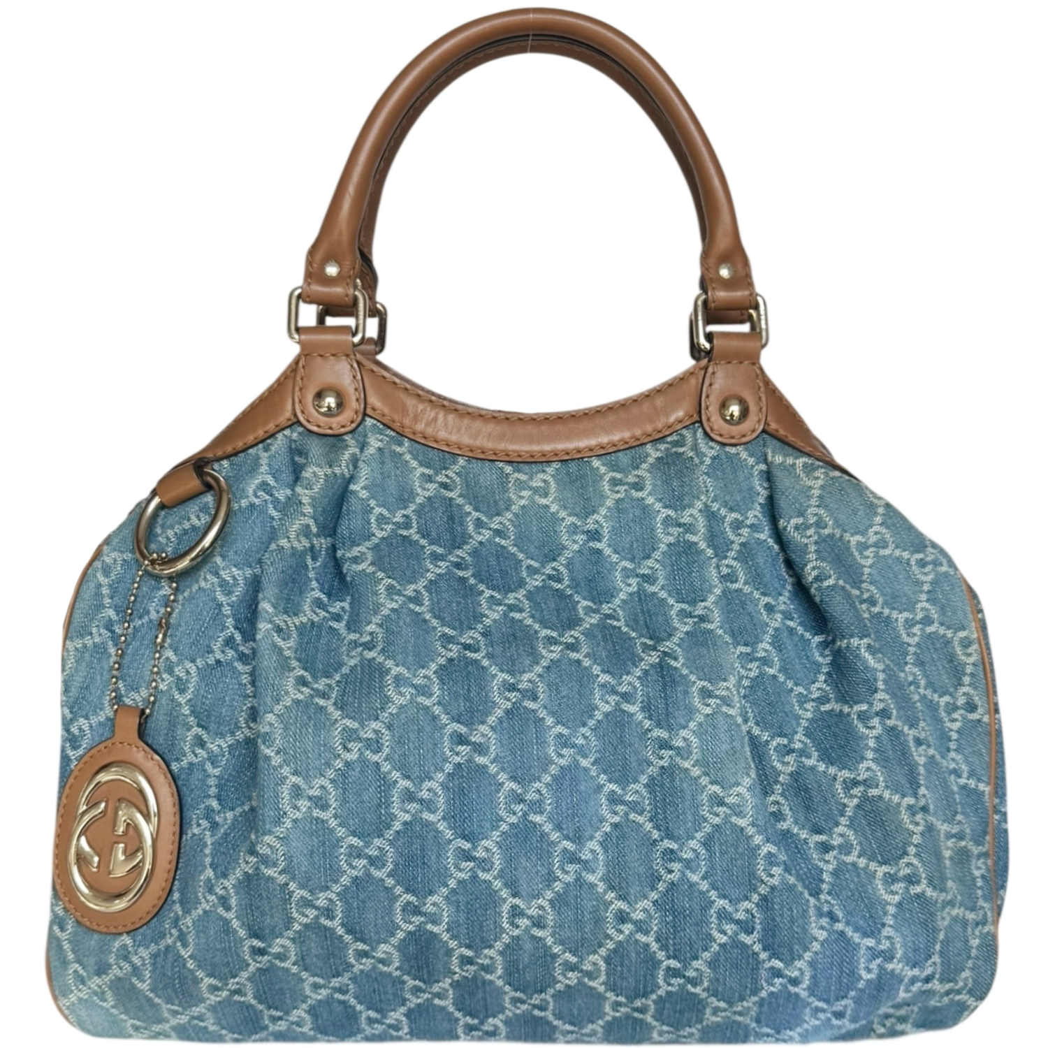 Vintage Gucci Monogram Denim Sukey Hobo Shoulder Bag in Blue / Brown / Gold | NITRYL