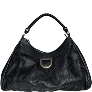 Vintage Gucci Monogram D Ring Leather Hobo Shoulder Bag in Black / Gold | NITRYL