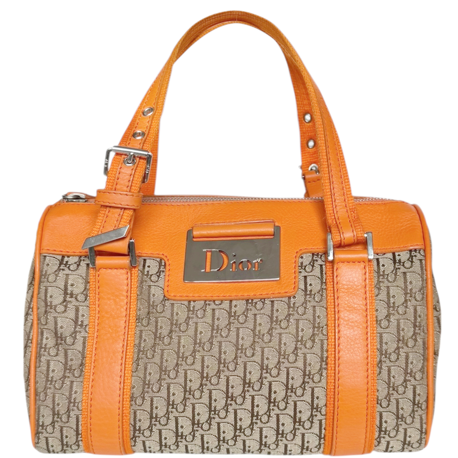 Vintage Dior Monogram Mini Boston Bag in Beige / Orange / Silver | NITRYL