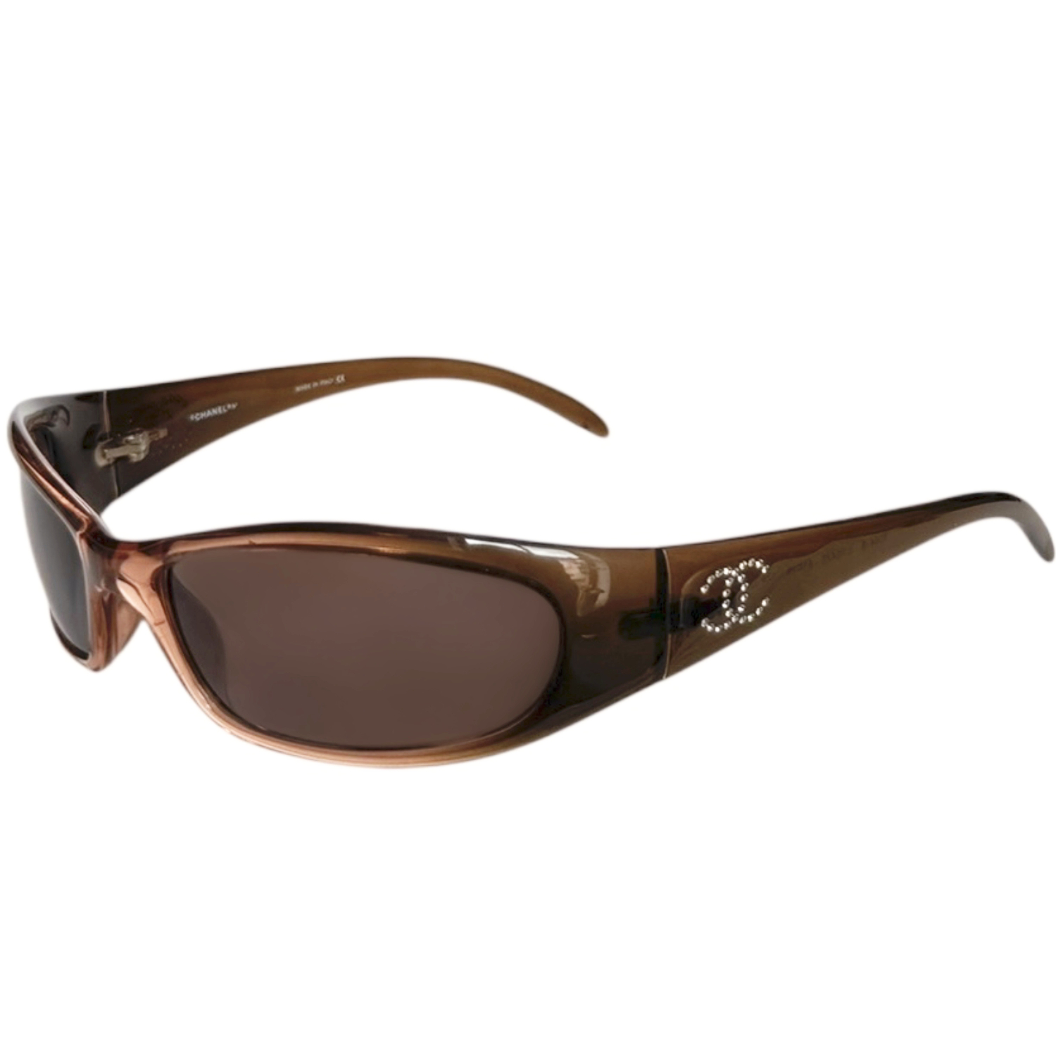 Vintage Chanel Diamante Logo Wraparound Sunglasses in Brown | NITRYL