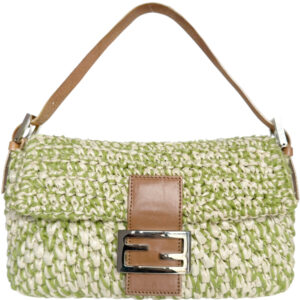 Vintage Fendi Rafia Woven Shoulder Baguette Bag in Green / Cream / Tan | NITRYL