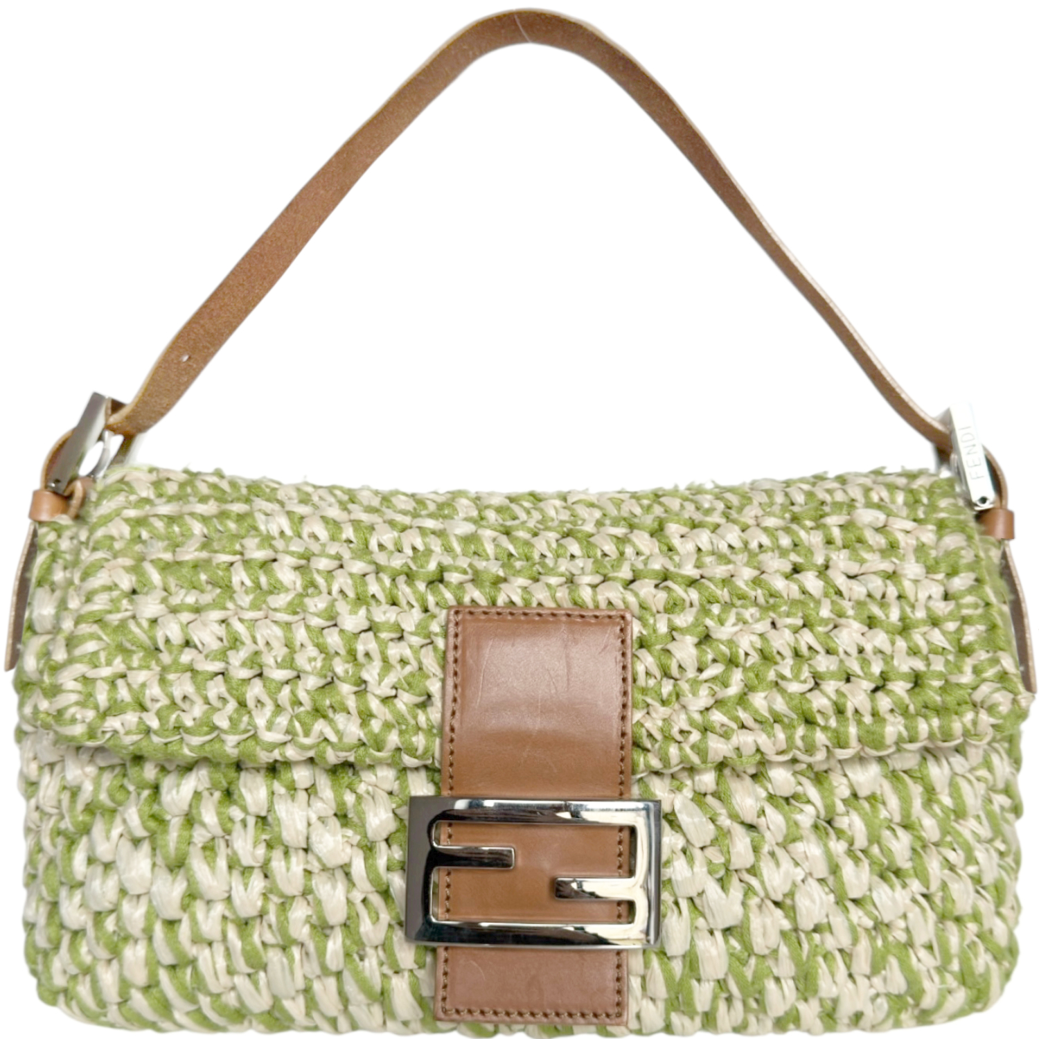 Vintage Fendi Rafia Woven Shoulder Baguette Bag in Green / Cream / Tan | NITRYL