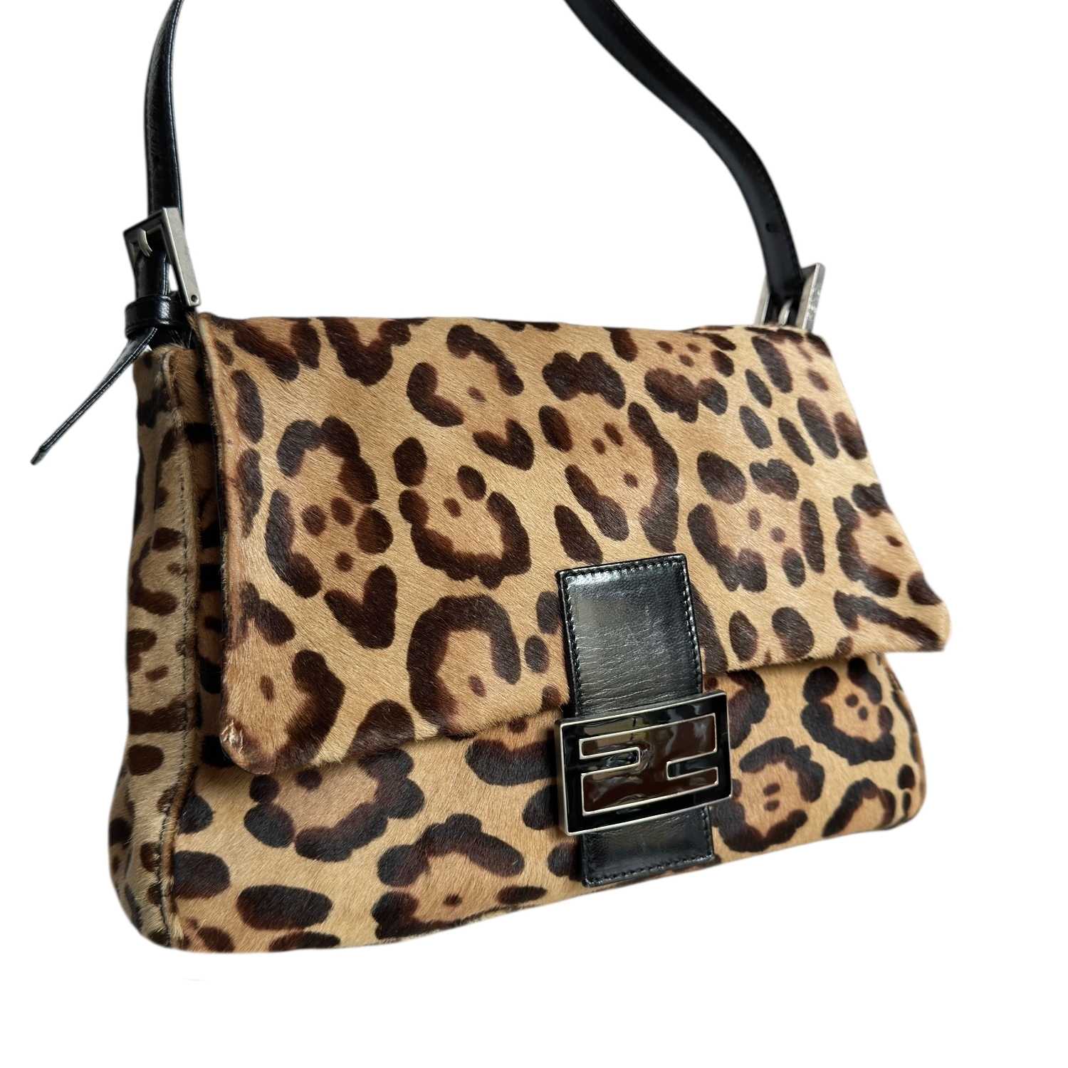 Fendi Leopard Print Calfskin Shoulder Mamma Baguette Bag in Brown / Black - Image 2