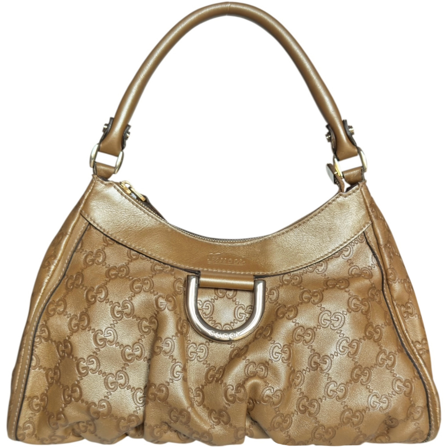 Vintage Vintage Gucci Monogram Leather D Ring Hobo Shoulder Bag in Gold | NITRYL