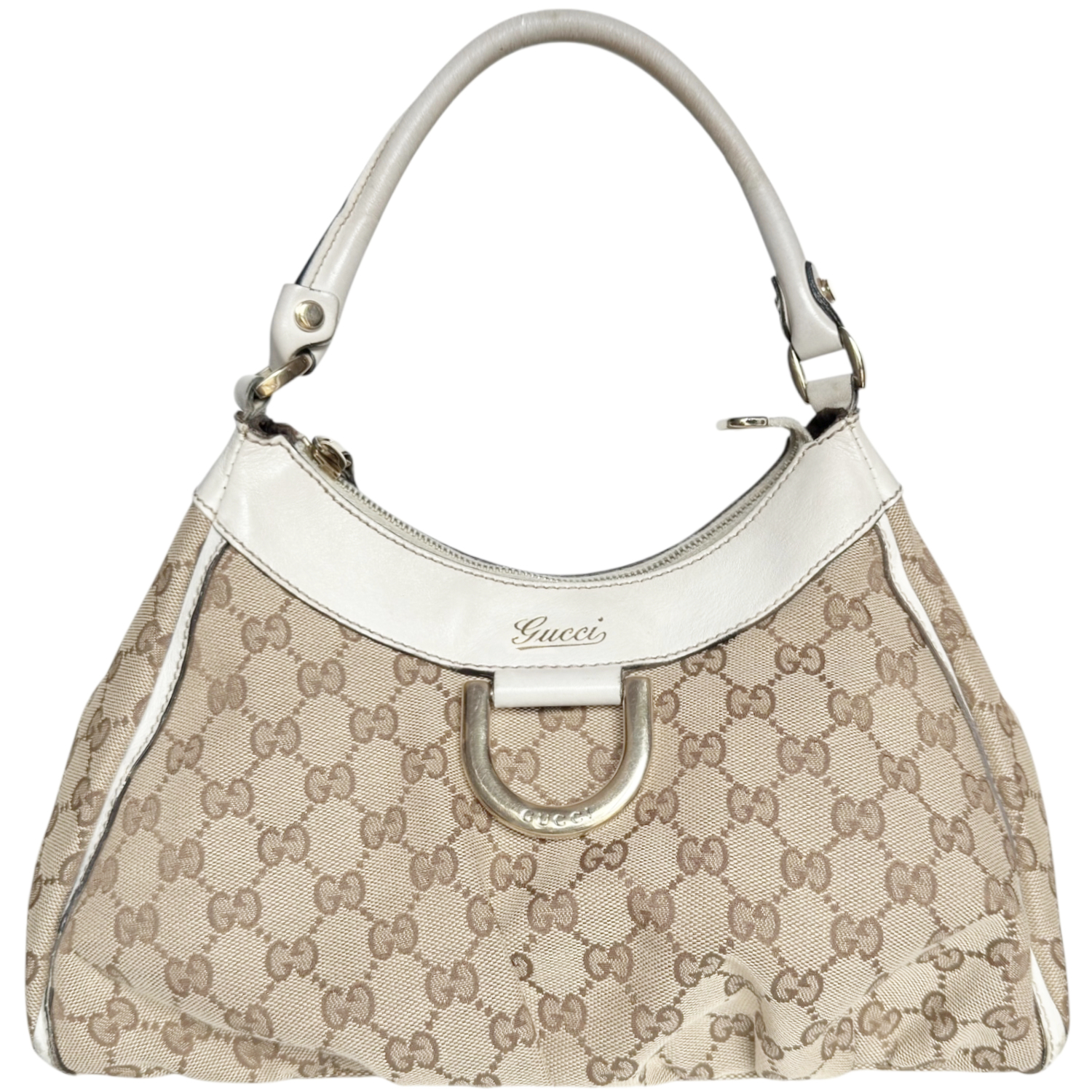 Vintage Gucci Monogram D Ring Hobo Shoulder Bag in Beige / White / Gold | NITRYL