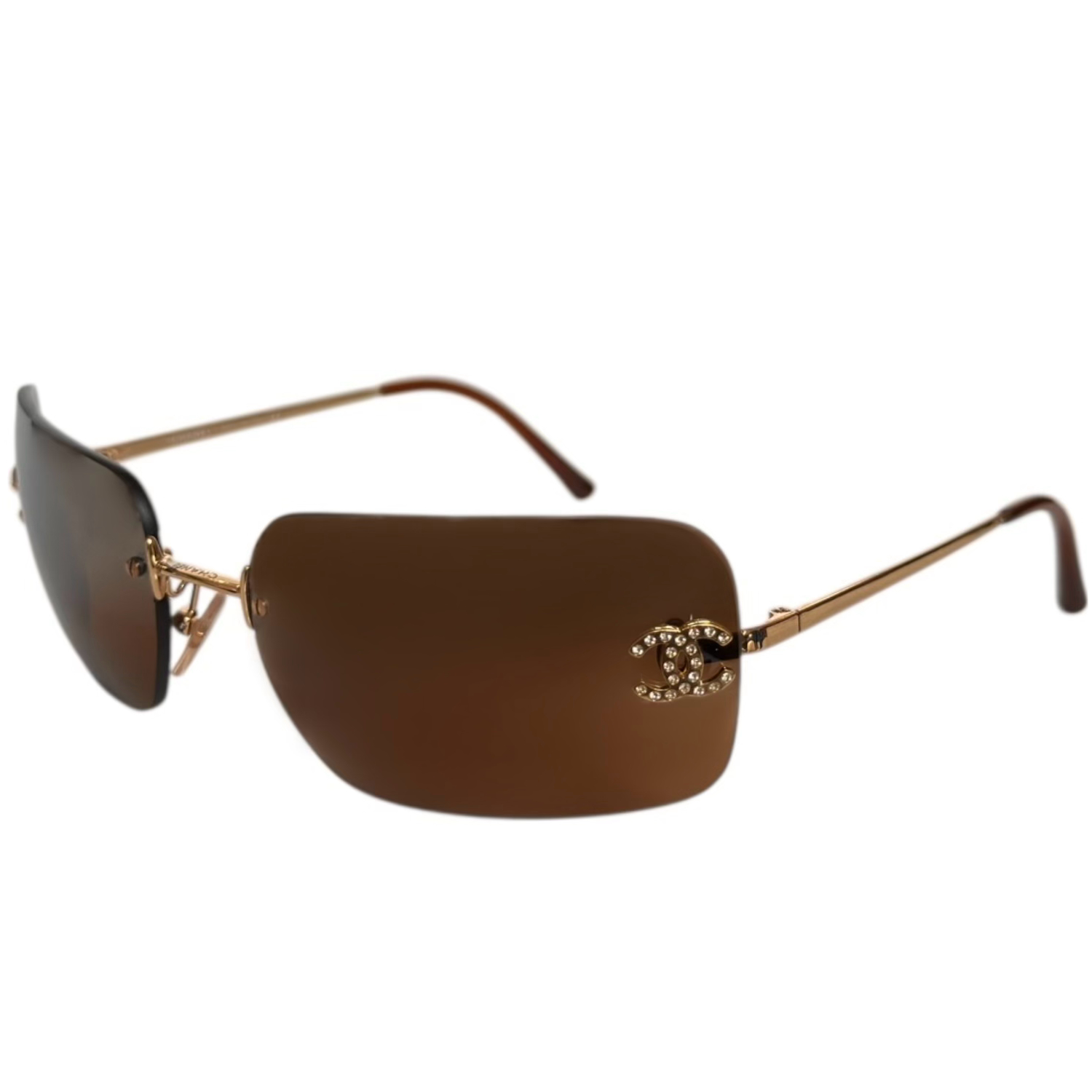 Vintage Chanel Diamante Logo Mirrored Rimless Sunglasses in Brown / Gold | NITRYL