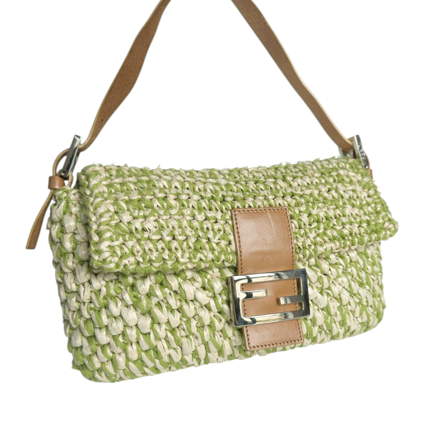 Fendi Rafia Woven Shoulder Baguette Bag in Green / Cream / Tan - Image 2