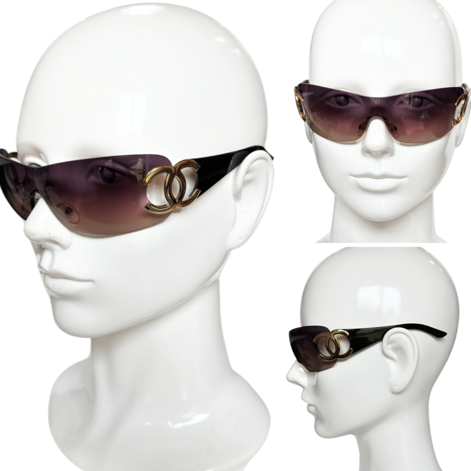 Chanel Logo Rimless Wraparound Sunglasses in Brown / Gold - Image 4