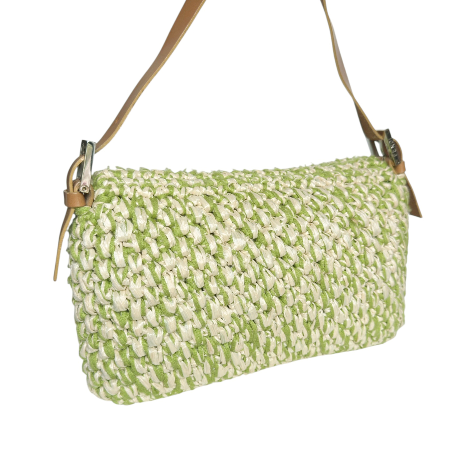 Fendi Rafia Woven Shoulder Baguette Bag in Green / Cream / Tan - Image 4