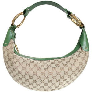 Vintage Gucci Monogram Croissant Hobo Shoulder Bag in Beige / Green / Gold | NITRYL