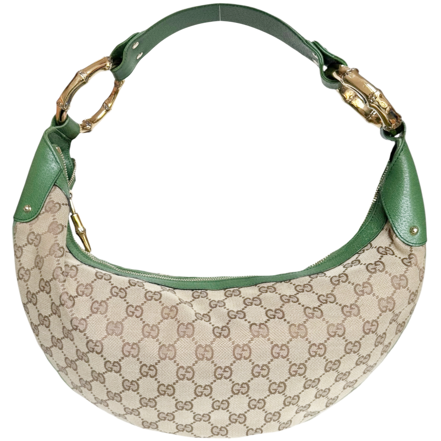 Vintage Gucci Monogram Croissant Hobo Shoulder Bag in Beige / Green / Gold | NITRYL