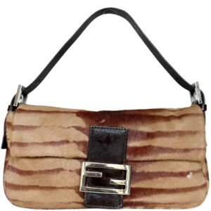 Vintage Fendi Striped Calfskin Shoulder Baguette Bag in Tan / Brown / Silver | NITRYL
