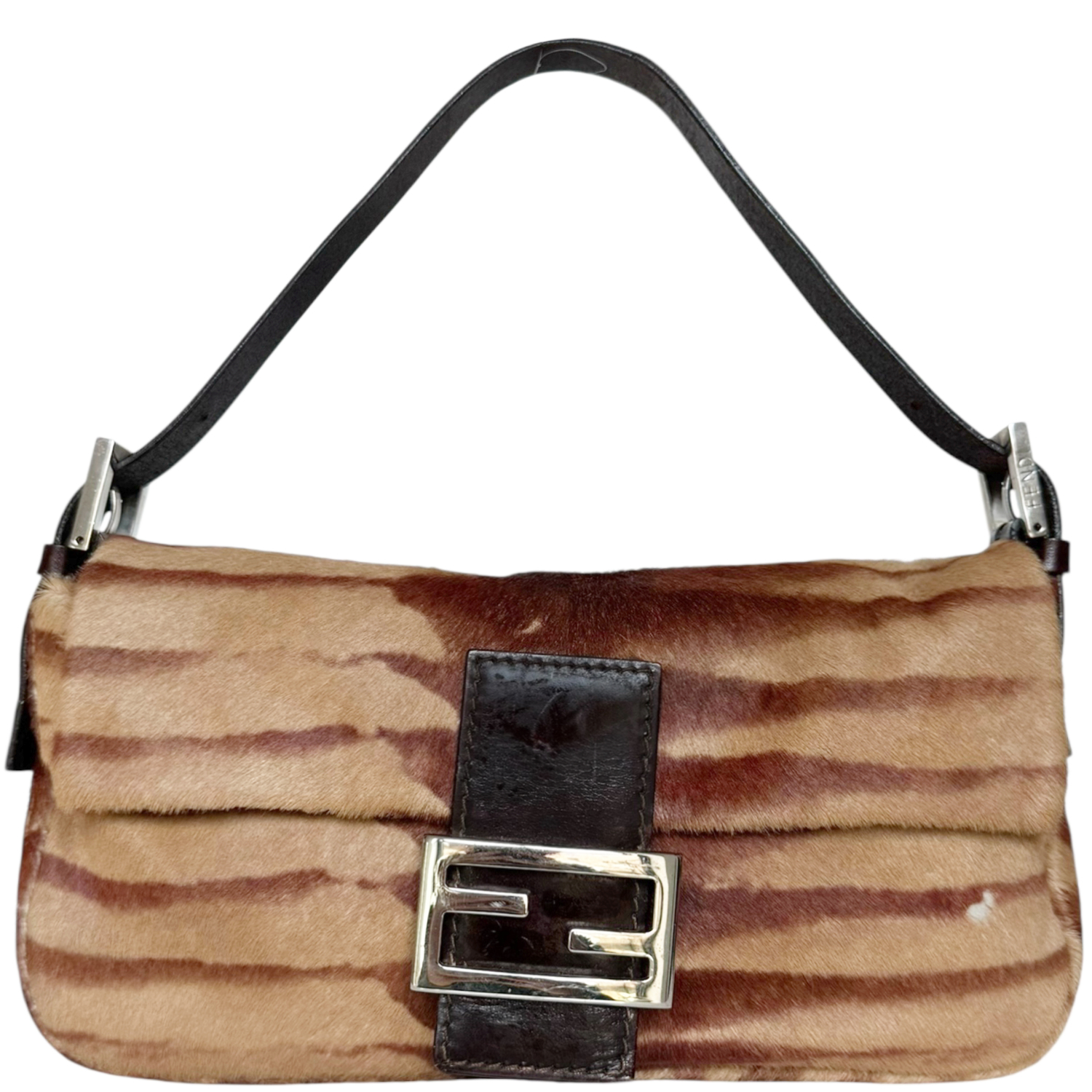 Vintage Fendi Striped Calfskin Shoulder Baguette Bag in Tan / Brown / Silver | NITRYL