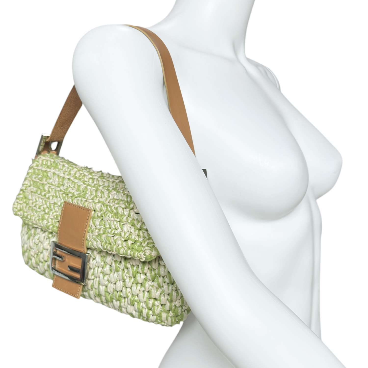 Fendi Rafia Woven Shoulder Baguette Bag in Green / Cream / Tan - Image 9
