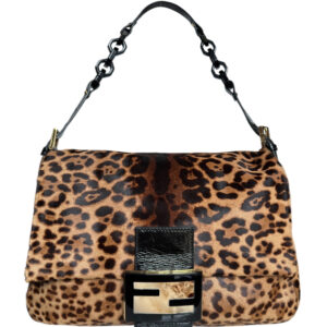Vintage Fendi Leopard Print Calfskin Mamma Shoulder Baguette Bag in Brown / Black / Gold | NITRYL