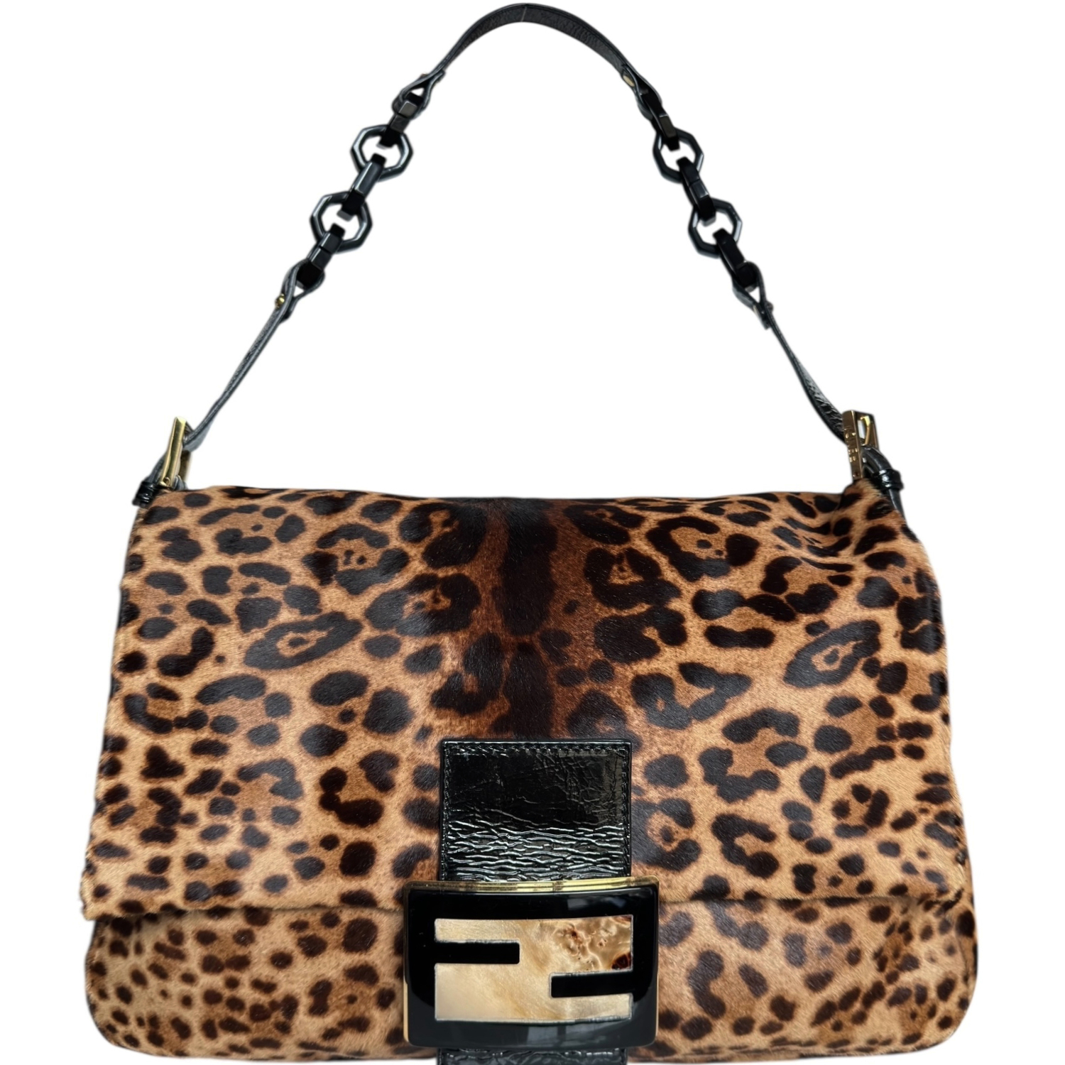 Vintage Fendi Leopard Print Calfskin Mamma Shoulder Baguette Bag in Brown / Black / Gold | NITRYL