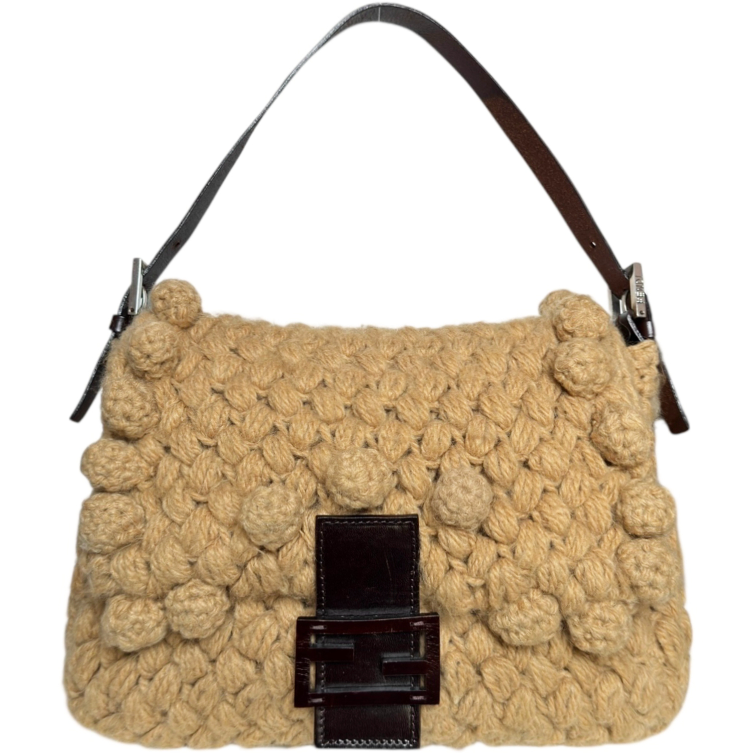 Vintage Fendi Bobble Knit Mamma Shoulder Baguette Bag in Beige / Brown | NITRYL