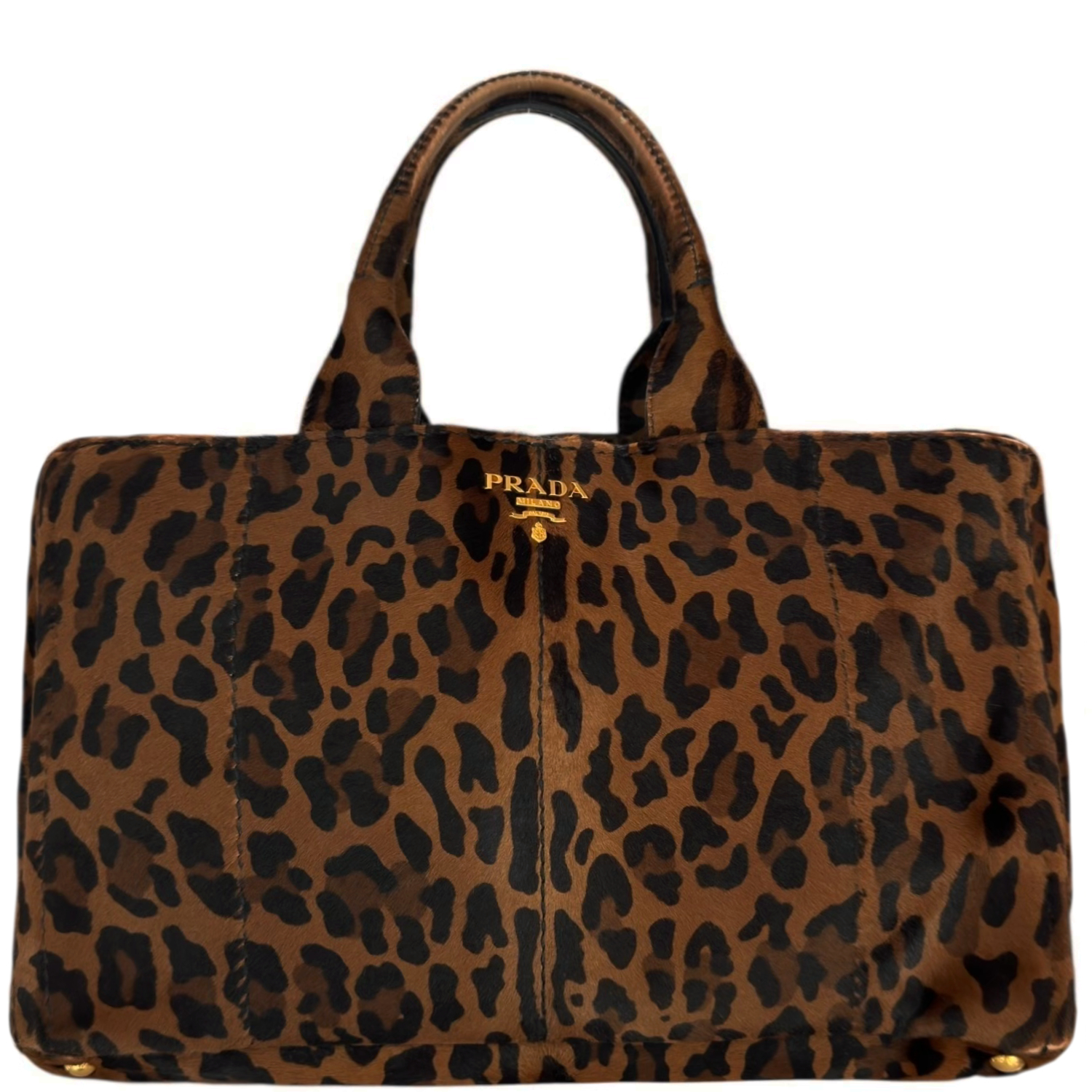 Vintage Prada Leopard Print Calfskin Canapa Tote Bag in Brown / Gold | NITRYL