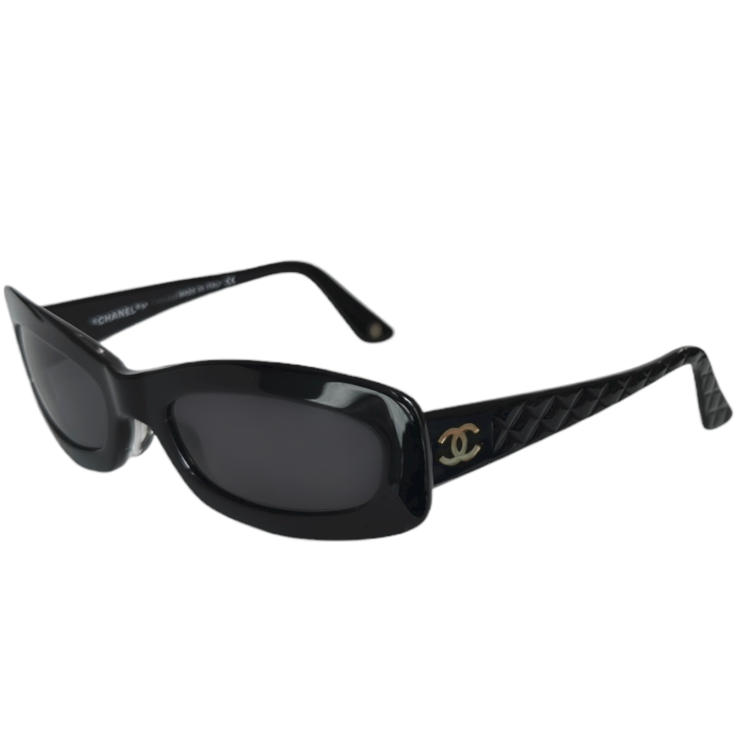 Vintage Chanel Logo Quilt Sunglasses in Black / Gold | NITRYL