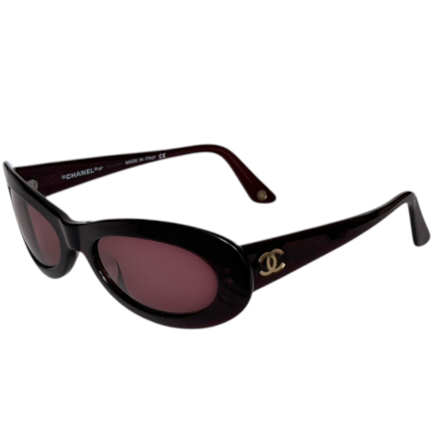 Vintage Chanel Logo Oval Sunglasses in Maroon / Gold | NITRYL
